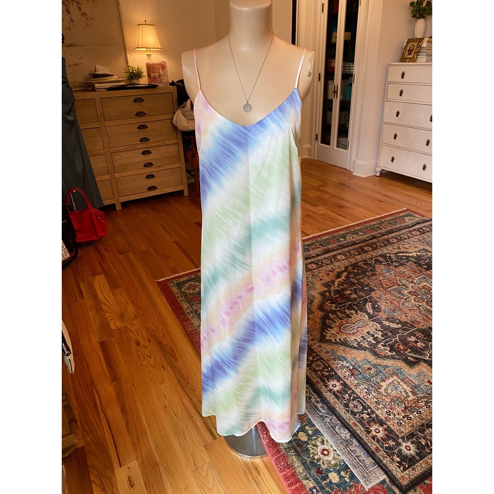 Fab'rik Pastel Tie Dye Satin Slip Dress V-Neck Midi Adjustable Straps Size M